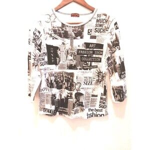 Flower Rizy Graphic Newspaper Print Top M Black White Cityscape Rhinestone